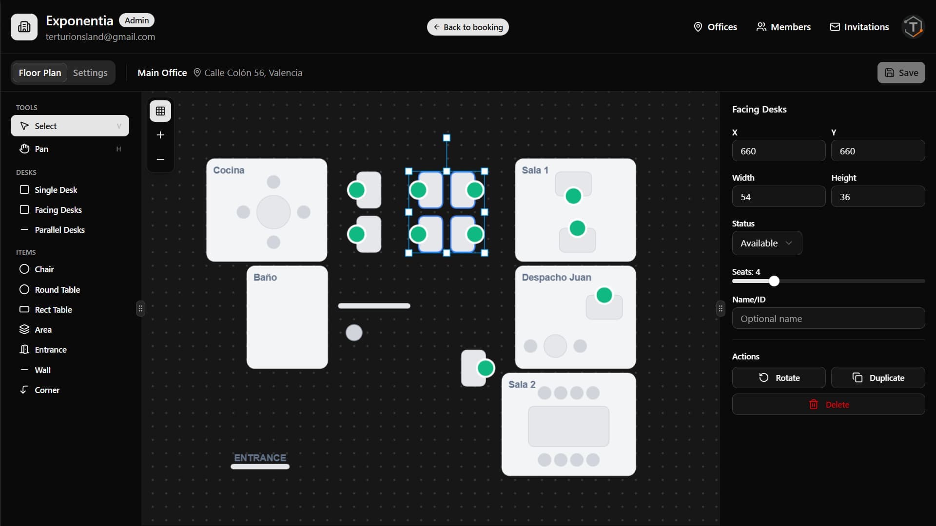 xDesky floor plan editor with drag-and-drop interface
